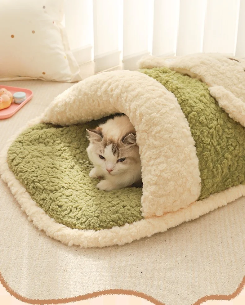 Saco de dormir de lana para gatos, cama cálida de invierno para gatitos, nido de dormir grueso semicerrado para gatos, cama para gatos, saco de dormir cueva - imagen 5