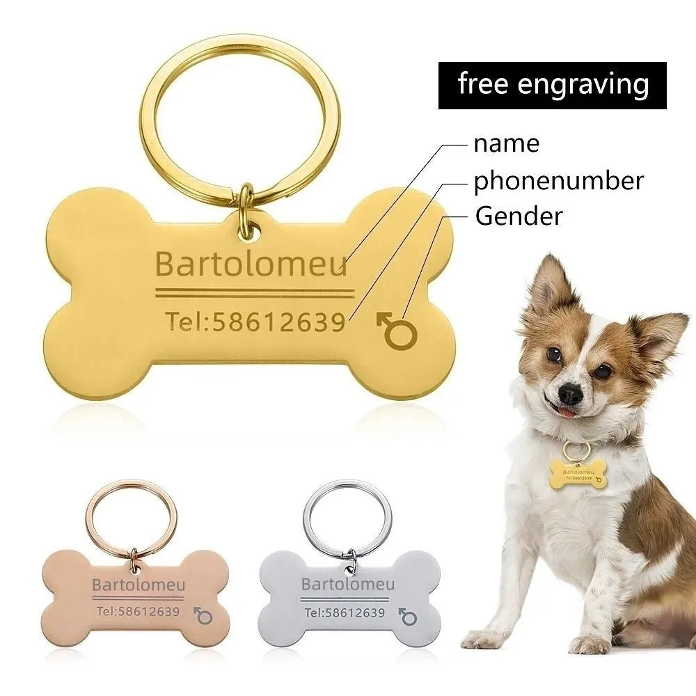 Nombre de identificación de mascota grabado personalizado, colgante de etiqueta antipérdida para identificación de perro y gato, Collar para perro, llavero con etiqueta, accesorios para mascotas de hueso - imagen 3