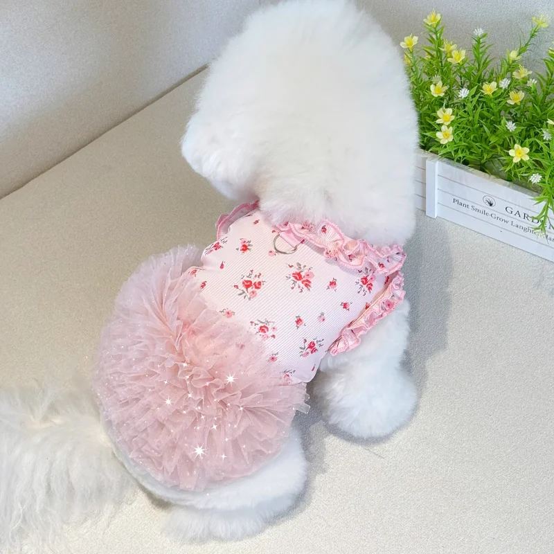 Falda acampanada con tirantes de malla para mascotas, falda tutú de flores a capa, falda de peluche para perros, ropa para mascotas, ropa para cachorros, ropa para perros pequeños - imagen 2