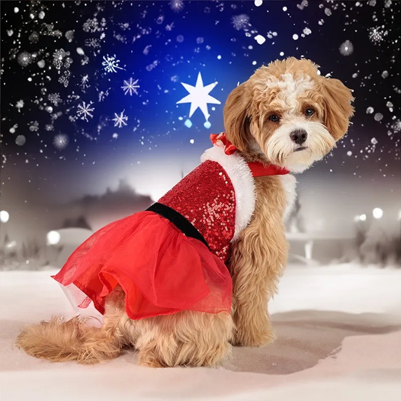Falda navideña para perros, vestido de malla brillante con lazo, ropa para fiesta de Navidad para mascotas, ropa para perros pequeños, ropa para cachorros