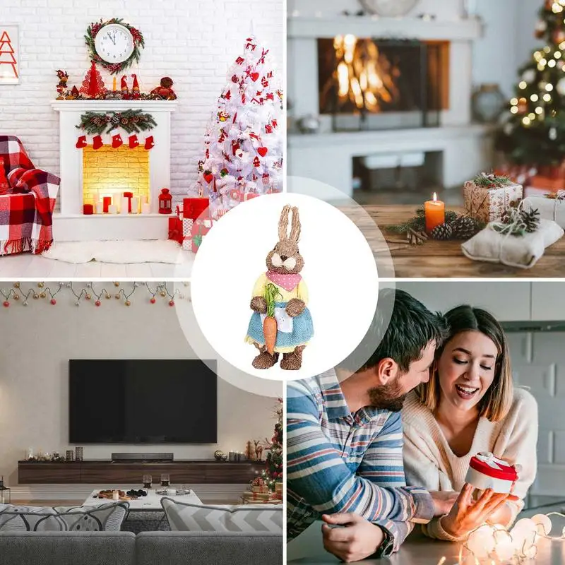 Conejo de Pascua de paja lindo y colorido, decoraciones de conejito de Pascua, figuritas de Pascua de paja para ventanas, restaurantes, fiesta de jardín en casa - imagen 5