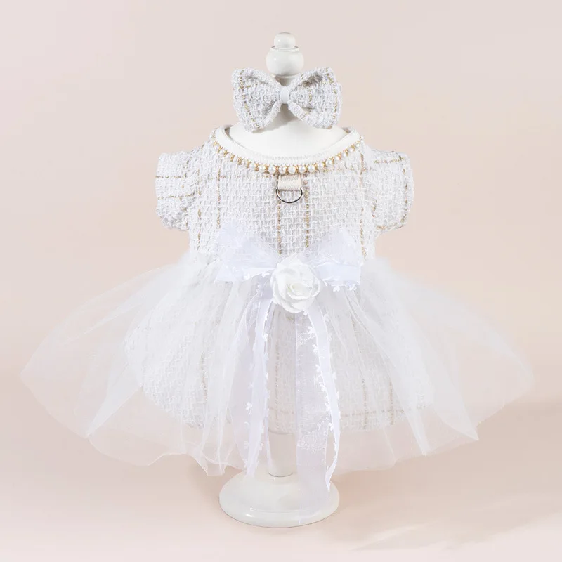 Vestido de boda para mascotas, abrigo de otoño e invierno para perros, falda de malla de retales de lana para gatos, vestido con lazo, ropa para perros pequeños y cachorros