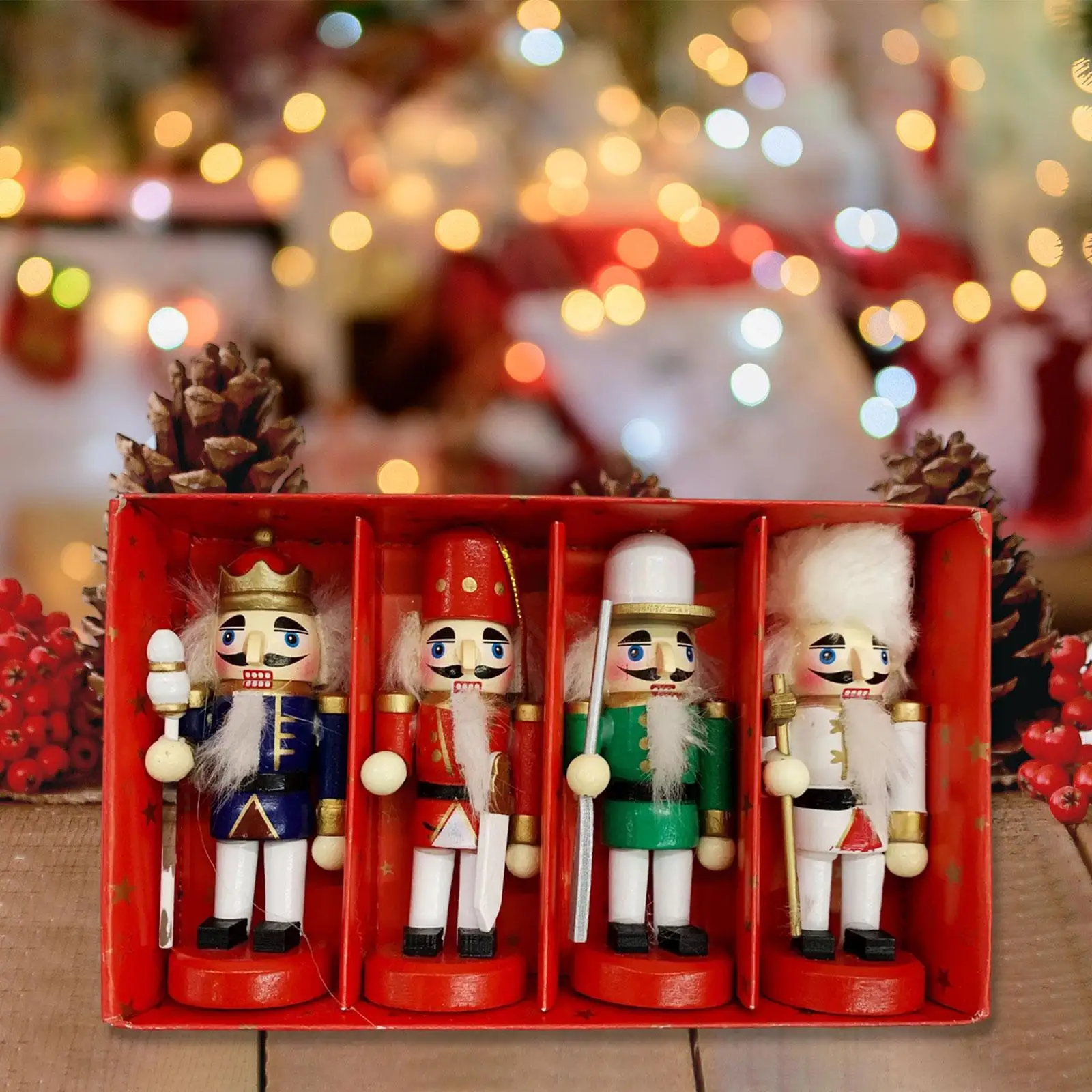Set of 4 Wooden Christmas Nutcracker Handcrafted Sturdy for Table Display Lightweight Xmas Gift Collection Desktop Decoration