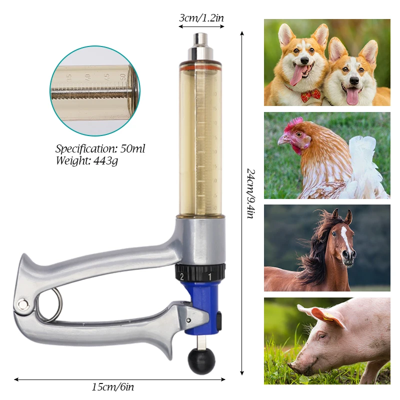 Inyector de báscula semiautomático ajustable, jeringa continua de 25Ml/50Ml, 10 agujas, herramienta veterinaria para pollo y oveja - imagen 3