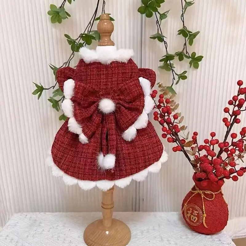 Abrigo invierno princesa lazo rojo felpa para perros pequeños y gatos