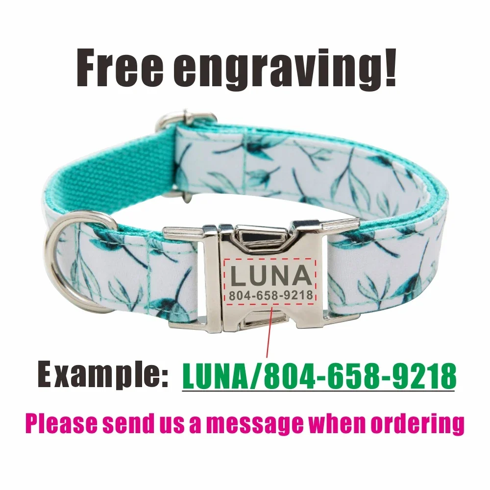 Collar de perro personalizado con grabado gratuito, correa para mascotas a juego, hebilla de Metal de contactos personalizados, Collar para cachorros de hoja verde - imagen 4