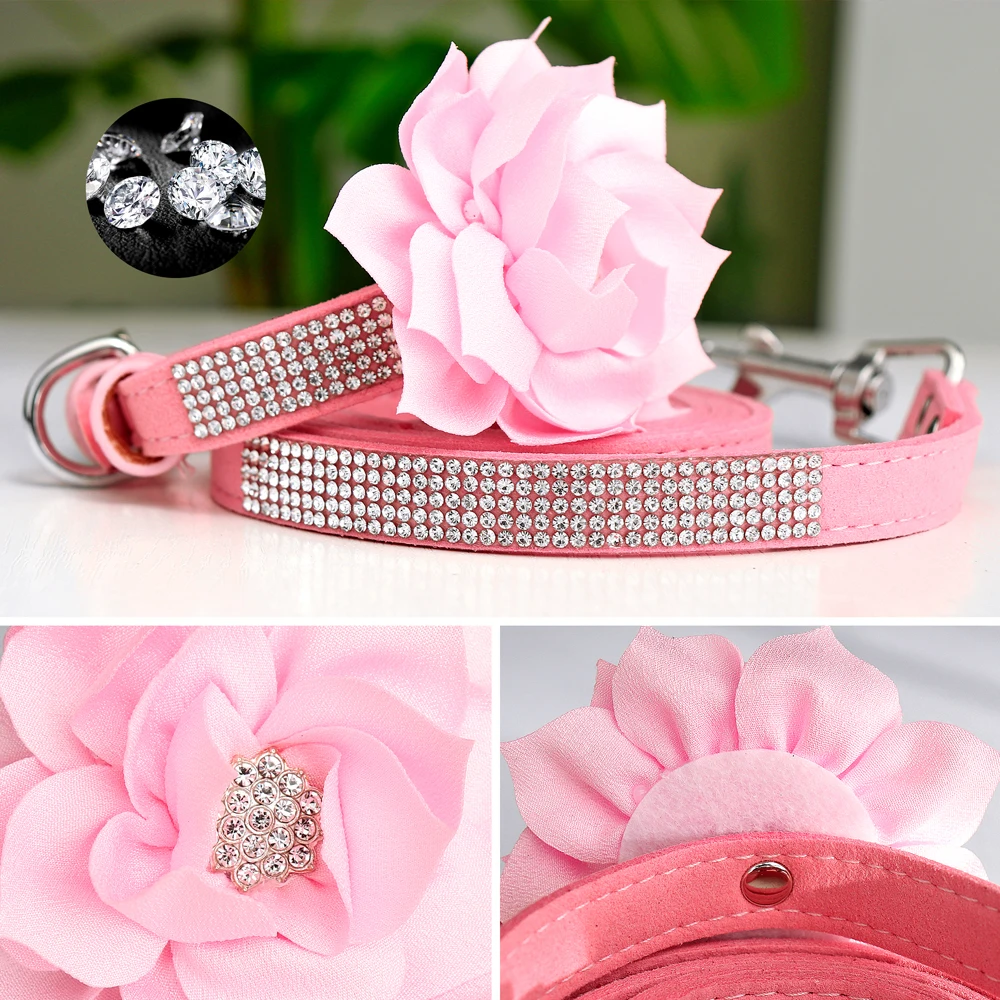 Collar de cuero para perro con diamantes de imitación brillantes, bonito Collar Floral para mascotas, correa para caminar de 120cm para perros pequeños, medianos y grandes, Chihuahua XS-L - imagen 3
