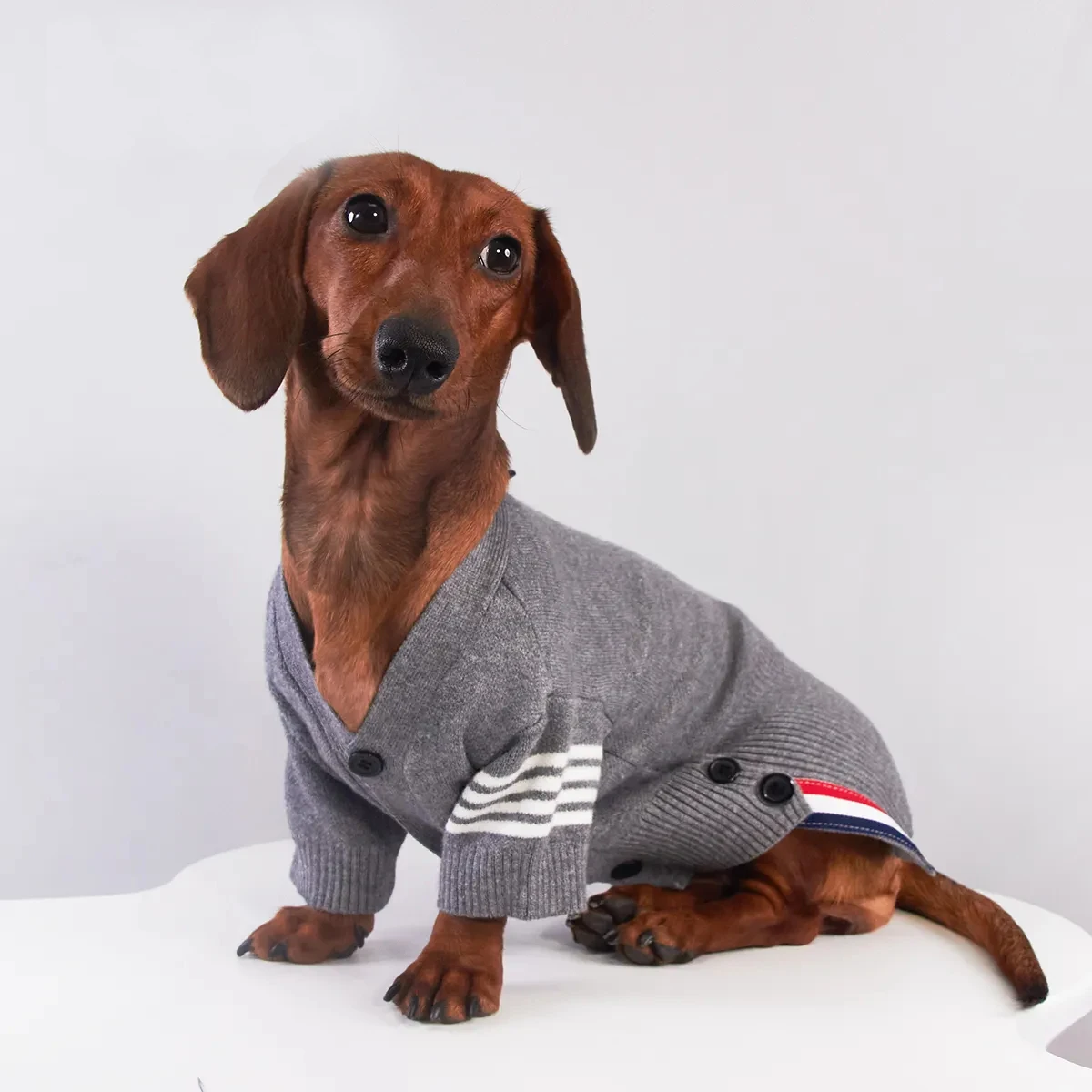 Chaqueta a rayas grises para perro Wiener en invierno, abrigo cálido de manga larga para perros tejón, cárdigan suave, ropa de descanso para perros salchicha