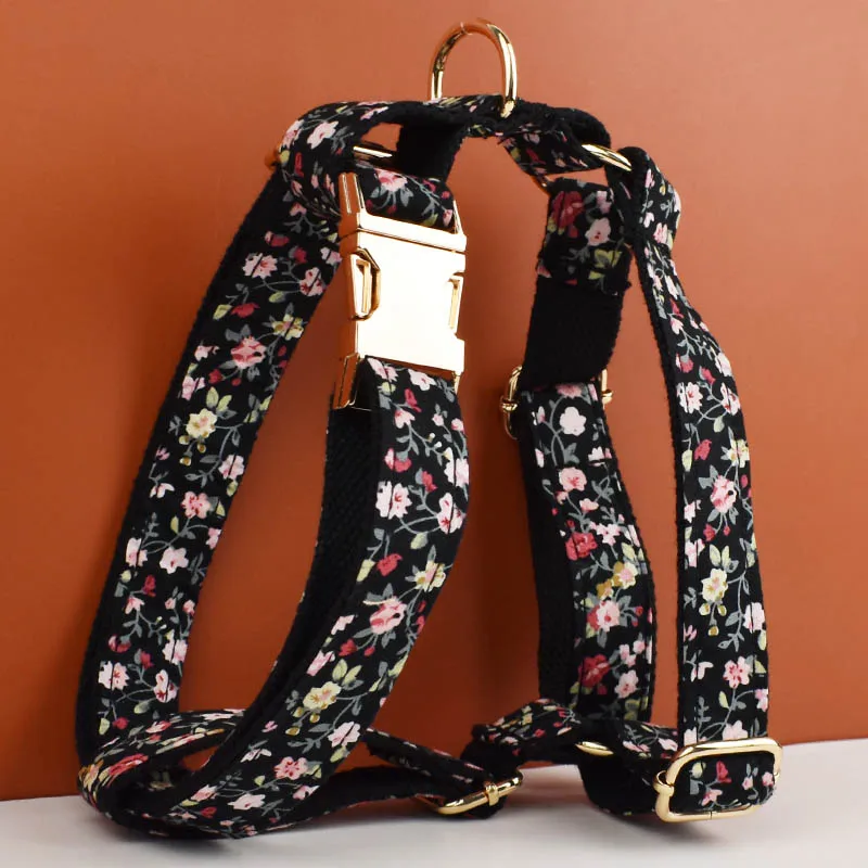Collar de perro con flores de fondo negro para mascotas, accesorios de moda de lujo, diseño personalizado, logotipo, sublimación de flores, correas, arnés, juego de lazos, 05 - imagen 2