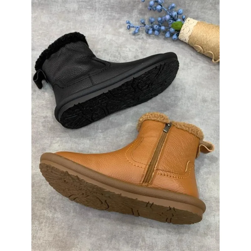 Botas de nieve Retro con cremallera y forro de Fce para mujer, botas intermedias de cuero y piel para otoño e invierno - imagen 2