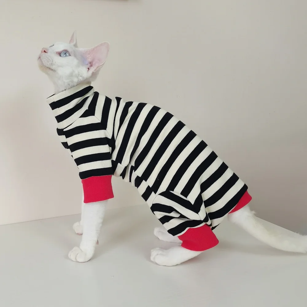 Gato sin pelo Abrigo de rayas negras en otoño Camiseta interior de algodón grueso de invierno de 4 patas para Sphynx Cat Sudadera de cuello alto para gatito