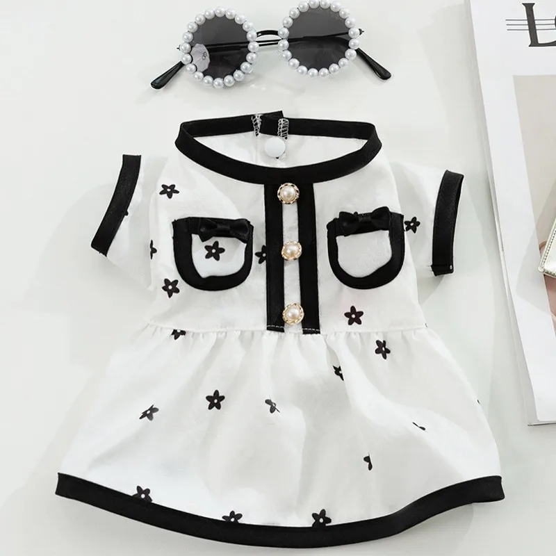 Ropa para perros pequeños, vestido de verano para cachorros, falda con estampado de gato, bichón, Chihuahua, blanco y negro, vestidos transpirables para mascotas