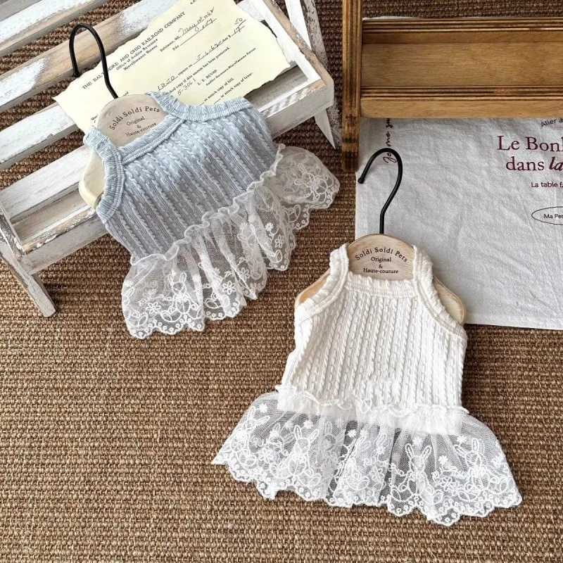 Vestido a cuadros de verano para mascotas, ropa para gatos, talla fina, cachorro, Teddy, lazo de Yorkshire, camiseta sin mangas de encaje, ropa para cachorros - imagen 5