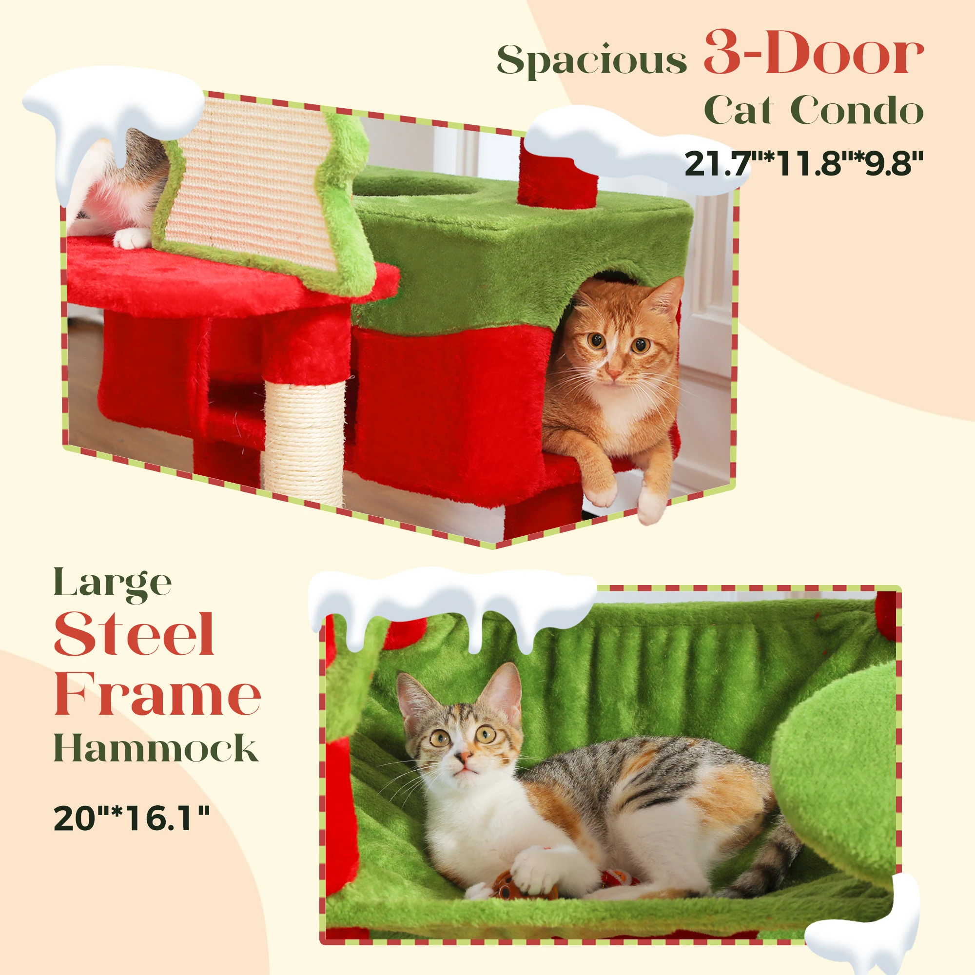 Torre de árbol de Navidad para gatos de 184cm con 2 perchas acolchadas, poste para rascar cubierto de Sal, casa doble y cesta para gatos grandes de interior - imagen 2