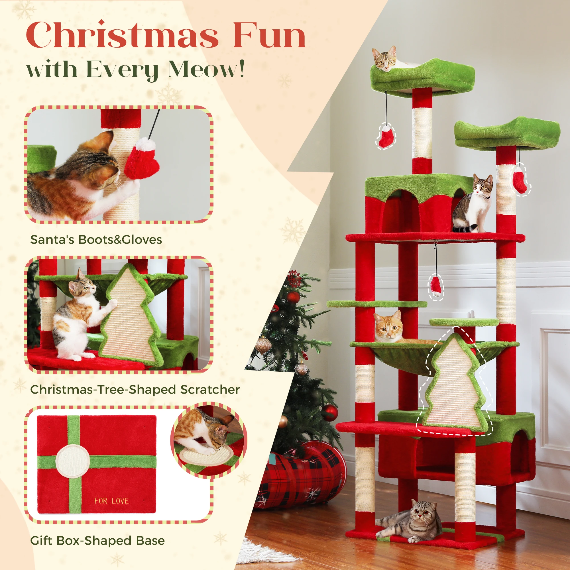 Torre de árbol de Navidad para gatos de 184cm con 2 perchas acolchadas, poste para rascar cubierto de Sal, casa doble y cesta para gatos grandes de interior - imagen 3