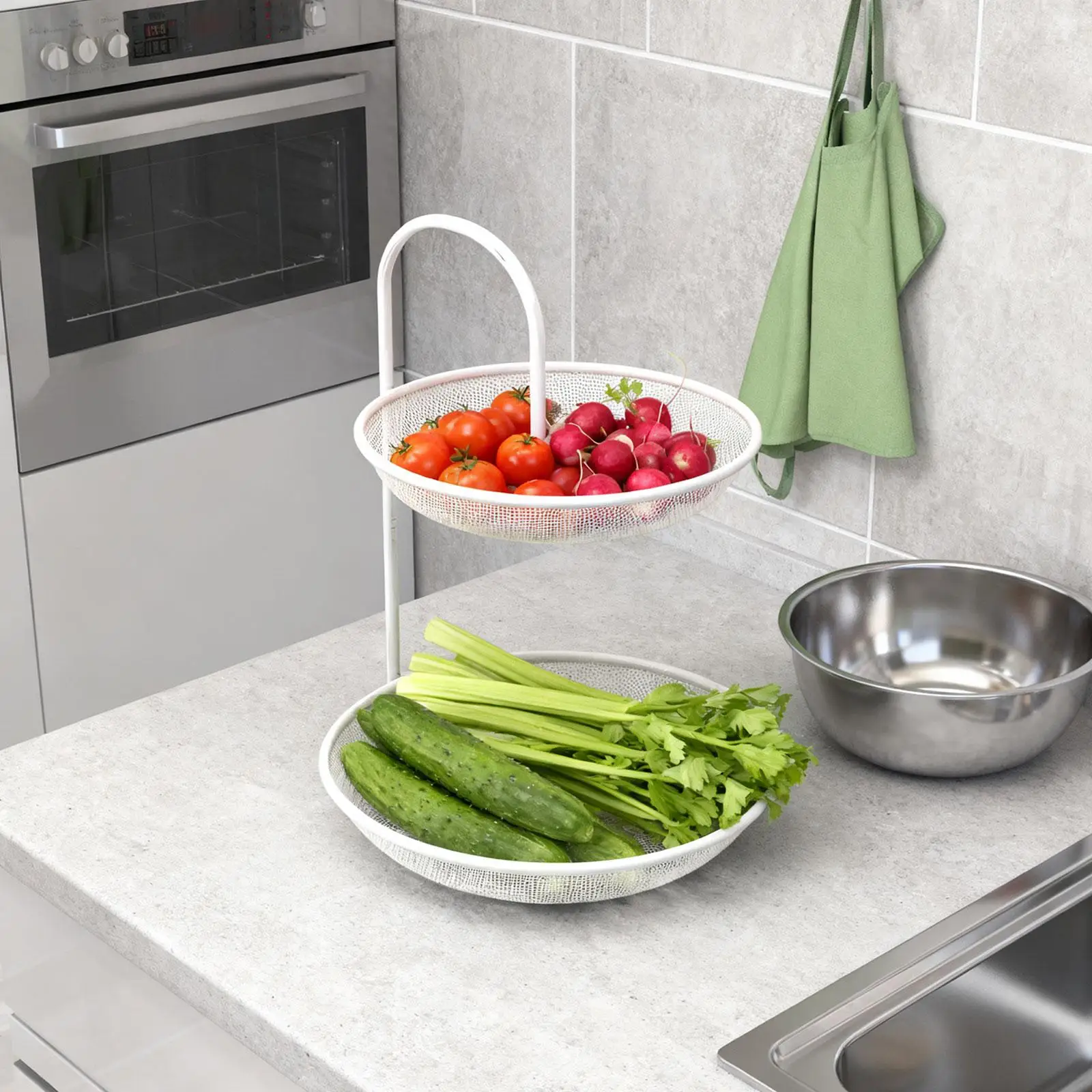 Fruit Basket Iron 2 Tier Storage Stand Holder, Wire Fruit Basket, Vegetables Basket Bowl Mesh Fruit Bowl, for Bread Snack Veggie