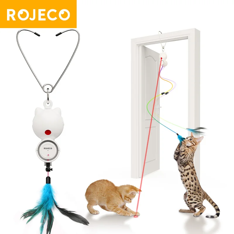 ROJECO juguetes automáticos para gatos 2 en 1, juguete láser retráctil para gatos con pluma colgante, juguete interactivo divertido para gatos, perros, mascotas, gatitos - imagen 5