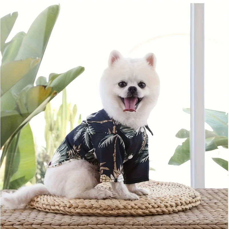Camisa de perro estilo hawaiano sin mangas, camisa fina de playa de verano, ropa para mascotas lavable a máquina con estampado de árbol de coco y flores tropicales - imagen 4