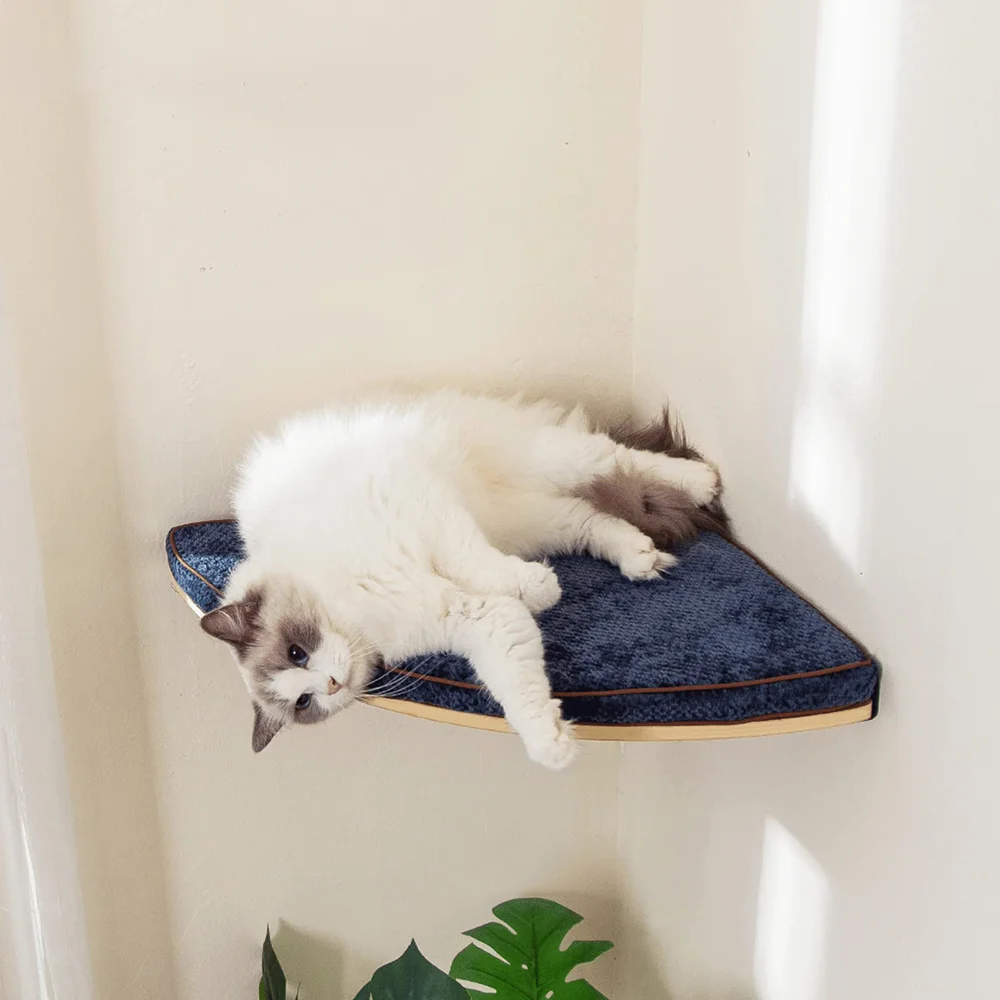 Estantes de madera para árbol de gato montados en la pared, postes rascadores, torre para gatos trepadora, hamaca con perchas flotantes sólidas, escalones y escalera - imagen 3
