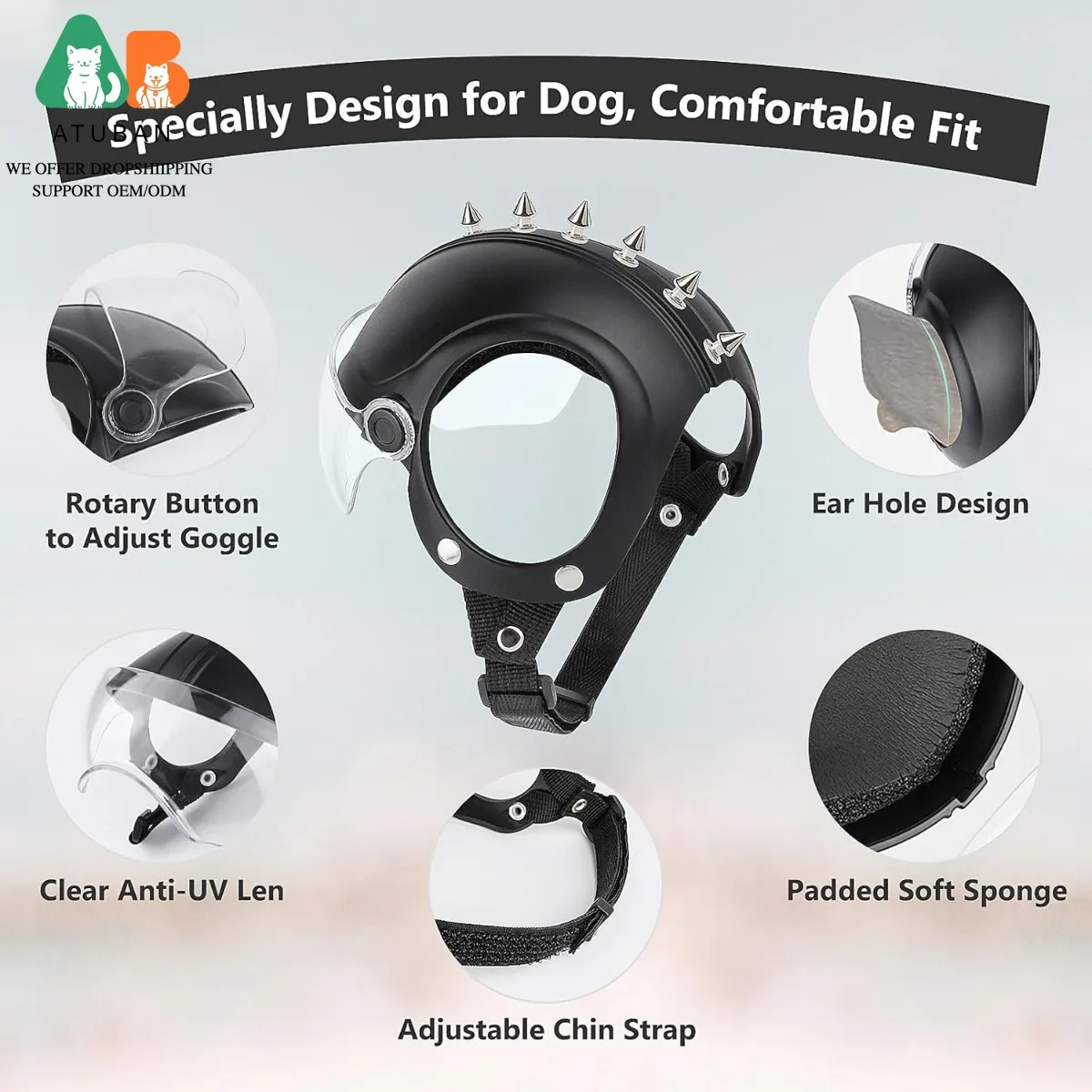 Cascos para perros ATUBAN para perros pequeños, casco para perros con gafas de lente transparente, casco para perros con orificios para las orejas, casco para perros y bicicletas - imagen 2