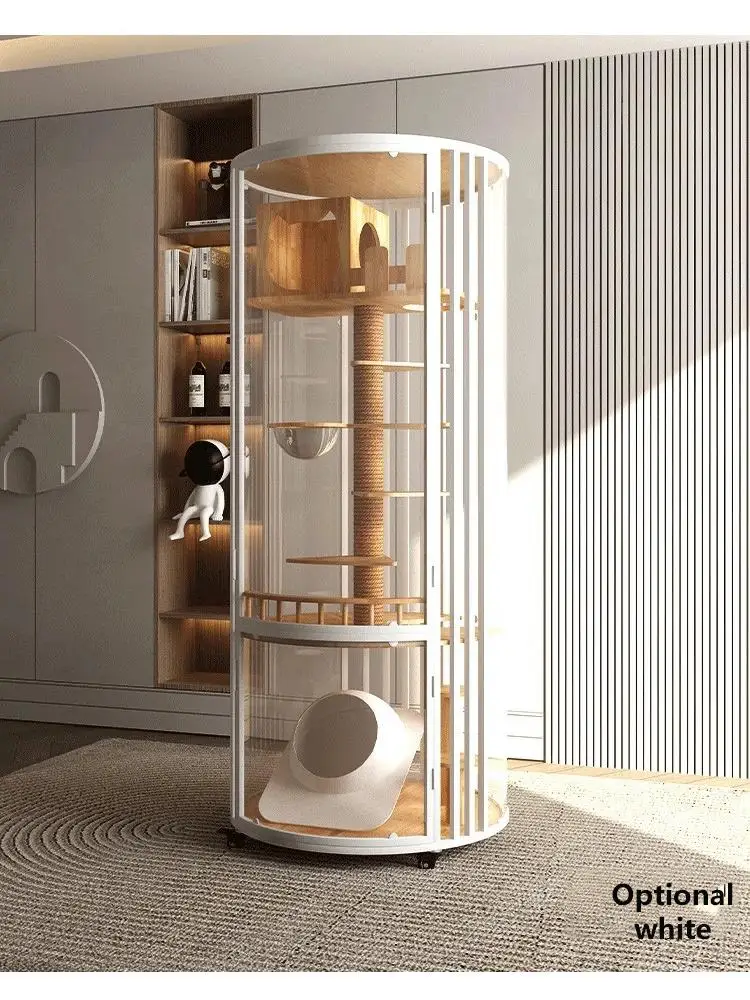 Villa cilíndrica panorámica para gatos de tamaño pequeño y mediano, jaula para gatos de 360 °, gabinete para gatos de vidrio, nido de gato de lujo, madera maciza, habitación - imagen 5
