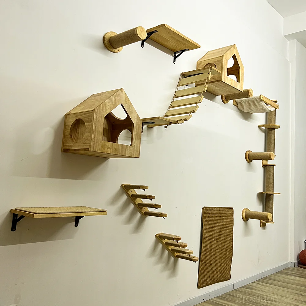 Hamaca montada en la pared para gatos, muebles de madera maciza, combinación de perchas, árbol de escalada para jugar y descansar - imagen 3
