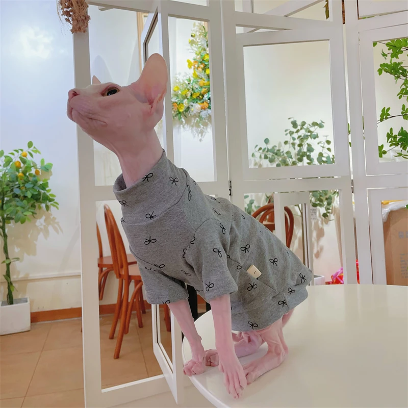Abrigo de algodón gris de cuello alto para gato Sudadera de invierno suave y cálido con lazo lindo para Sphynx Cat en otoño Devon Ropa de estar por casa Skin-friendly - imagen 4