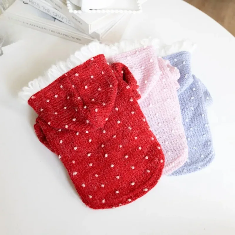 Sudadera con capucha roja de punto para invierno, abrigo de manga de burbuja con lunares para perro de lujo, sombrero de felpa, ropa para perros pequeños, ropa de Navidad - imagen 5