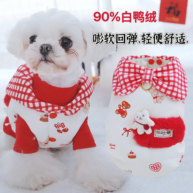 Chaqueta de plumón de Año Nuevo para mascotas, ropa cálida de invierno para cachorros y gatos, chaleco con lazo, abrigo inferior, ropa para cachorros pequeños