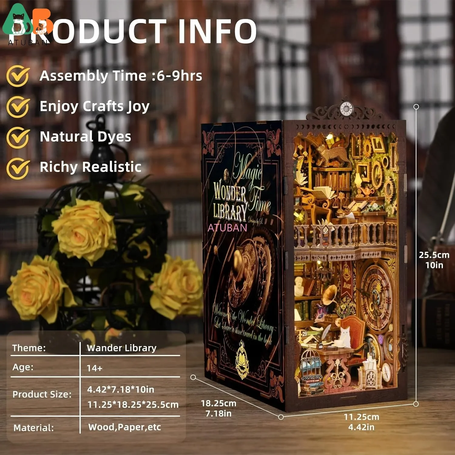 ATUBAN Kits de rincón de libros DIY, rompecabezas de madera 3D, kits de modelos de sujetalibros decorativos con inserción de estantería con LED, Kit de casa de muñecas Diorama DIY - imagen 3