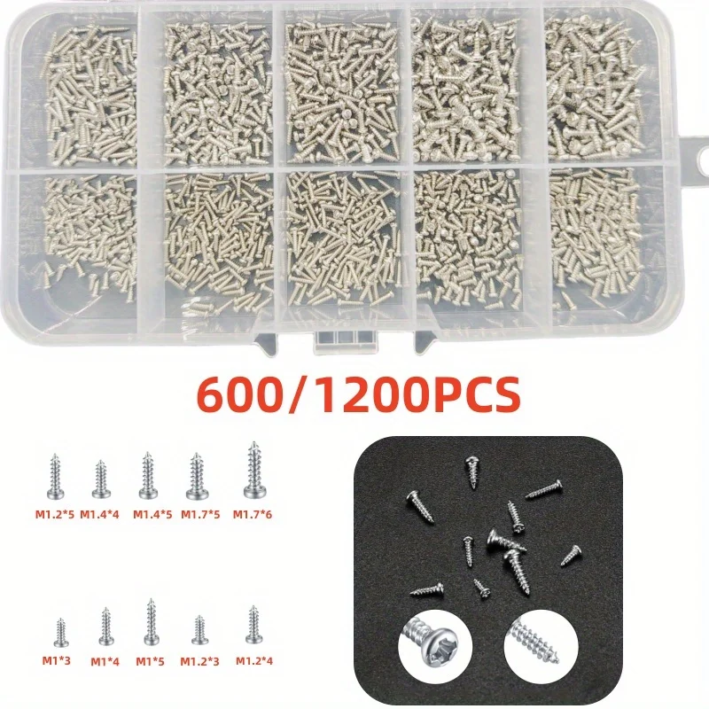 600/1200 juegos de tornillos autorroscantes en miniatura, kit de clasificación de tornillos metálicos de cabeza cruzada en miniatura