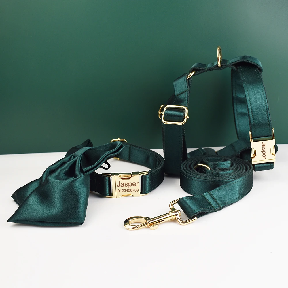 Venta caliente diseño personalizado Logo sublimación impreso poliéster accesorios para mascotas Collar de perro correas arnés arco conjunto cristal 11