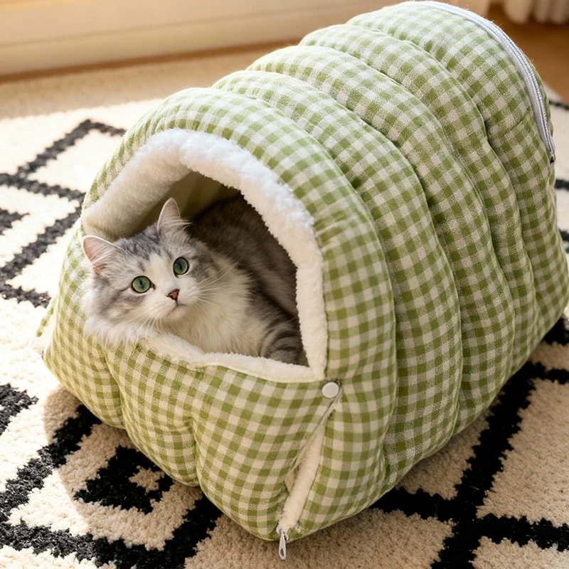 Cama cálida de invierno para gatos, saco de dormir grande de invierno adecuado para gatos adultos o 2 gatitos, cama cerrada multiusos extraíble con funda - imagen 2