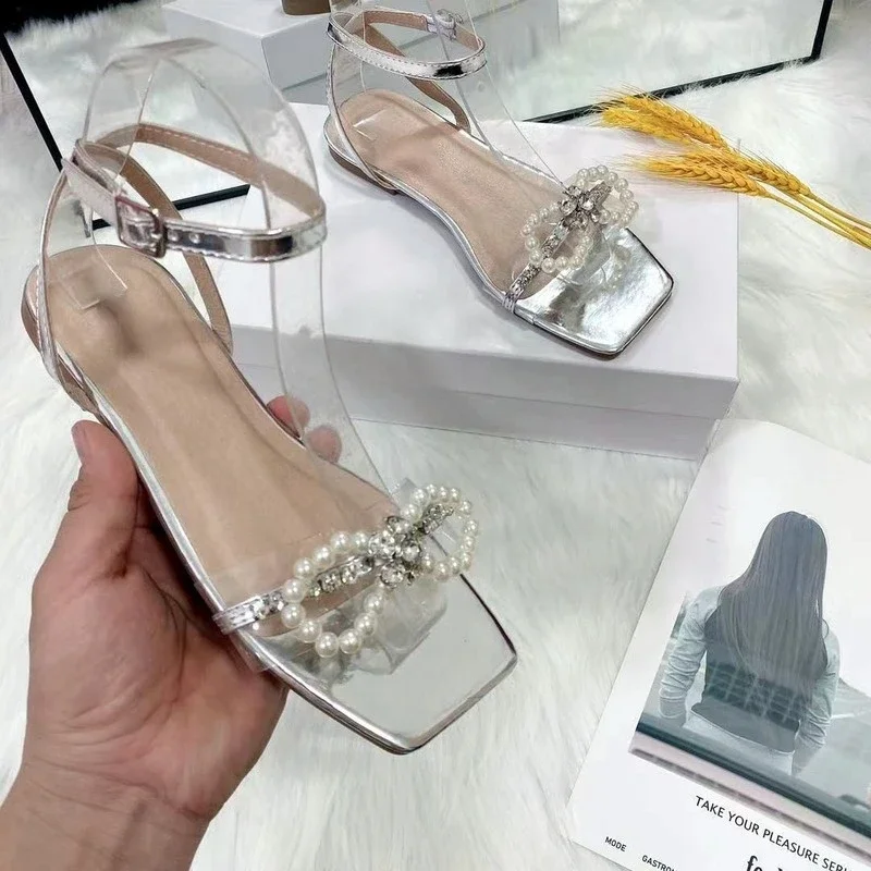 Sandalias de Mujer con lazo y perlas, tacones planos, elegantes, con diamantes de imitación, para fiesta, talla grande 42, verano 2023 - imagen 4