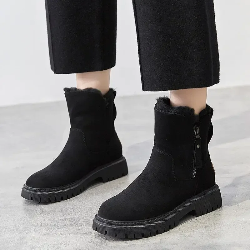 Botas de nieve para mujer, botines de invierno de tubo medio, además de terciopelo grueso, cálidos, de algodón, con plataforma de moda integrada de piel, 2024 - imagen 2