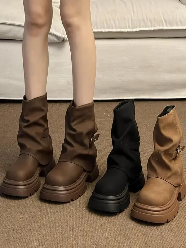 Botas marrones Ort para mujer, botas Thi Bot Faion de otoño e invierno, zapatos de tubo de pierna delgada, zapatos de mujer con punta redonda Street Sle - imagen 2
