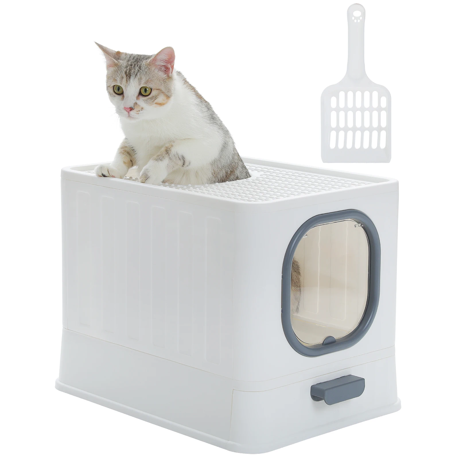 Caja de arena grande para gatos con tapa, caja de arena estándar con cuchara para arena para gatos, inodoro plegable para gatos para interiores, fácil de limpiar, parte superior abierta