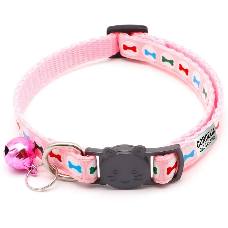 Collar personalizado con etiqueta de nombre para mascota, Collar para gato con campana, hueso de dibujos animados, perro, cachorro, gato, gatito, Collar de seguridad ajustable, joyería para gato - imagen 2