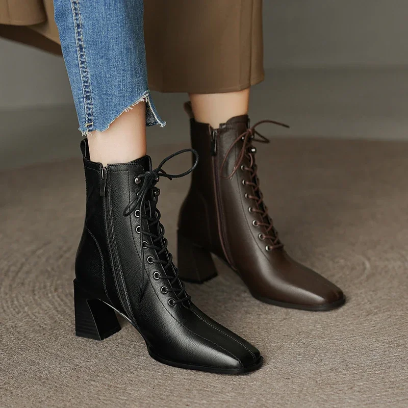 Botines de tacón Retro para mujer, botas cortas con punta cuadrada de diseñador, botas Chelsea informales con cremallera, zapatos de tacón elegantes para mujer - imagen 4