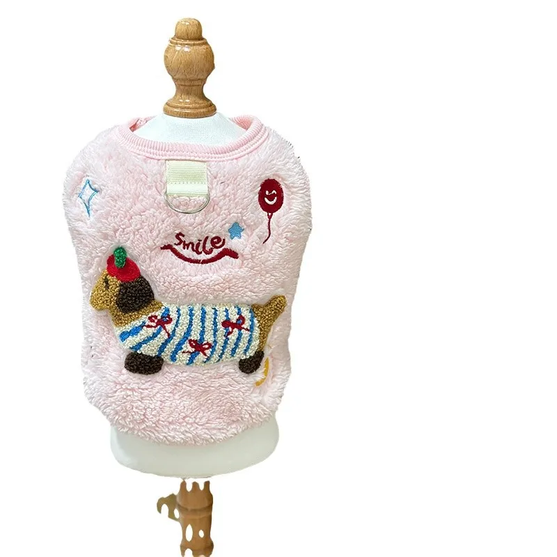 Chaleco bordado de felpa para mascotas, abrigo de terciopelo grueso con anillo de tracción para perros pequeños, chaqueta de ropa de Navidad para otoño/invierno - imagen 5