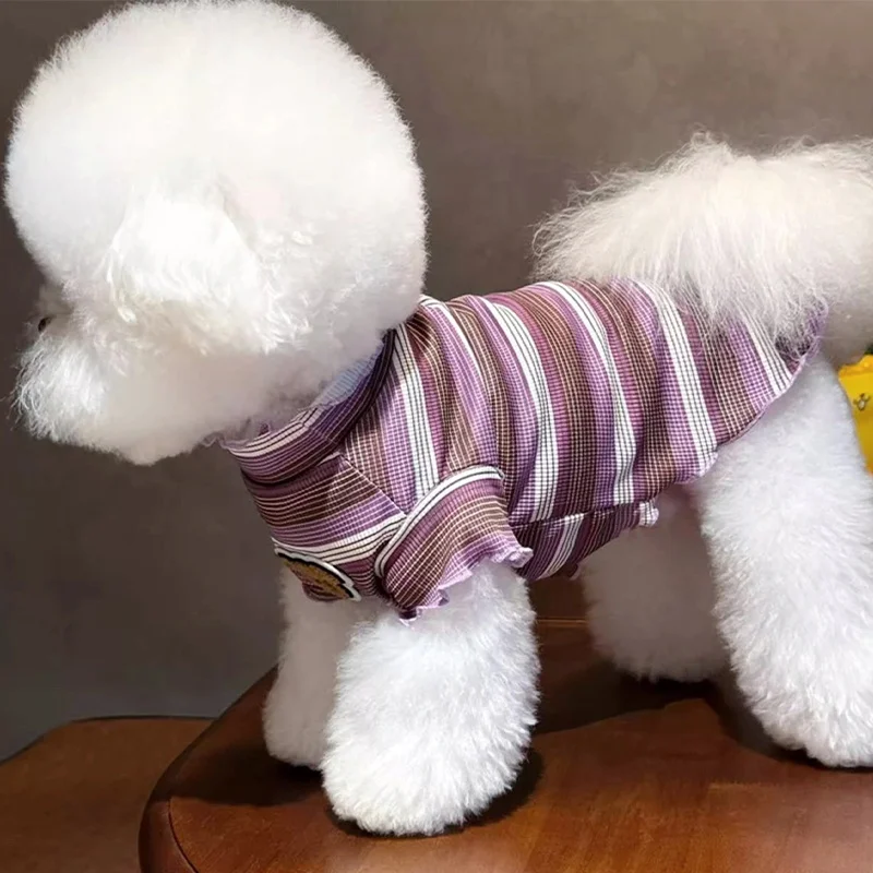 Ropa suave de otoño para perros, camisa a rayas a la moda para perros, bonitos jerseys de encaje para cachorros, camiseta con parte inferior para gatos, chaleco para mascotas, trajes de Bichon para caniche - imagen 4