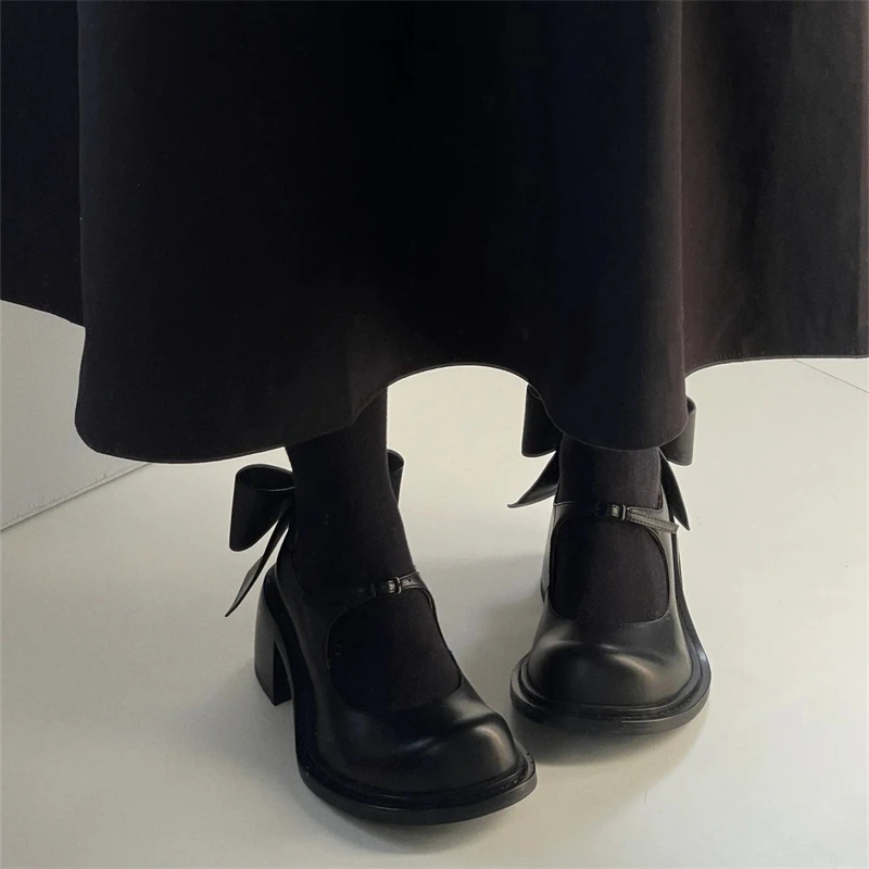 Zapatos de mujer de estilo dulce y bonito, zapatos Mary Jane con nudo de mariposa y tacón crudo para mujer, talla grande 35-43, correa con hebilla, calzado joven para mujer - imagen 2