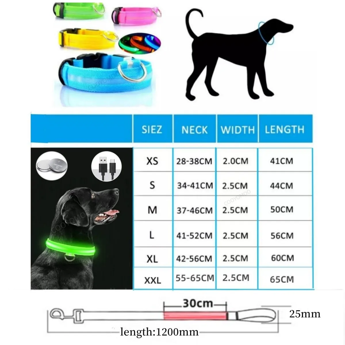 Collar LED para perros - Tamaños disponibles XS a XXL