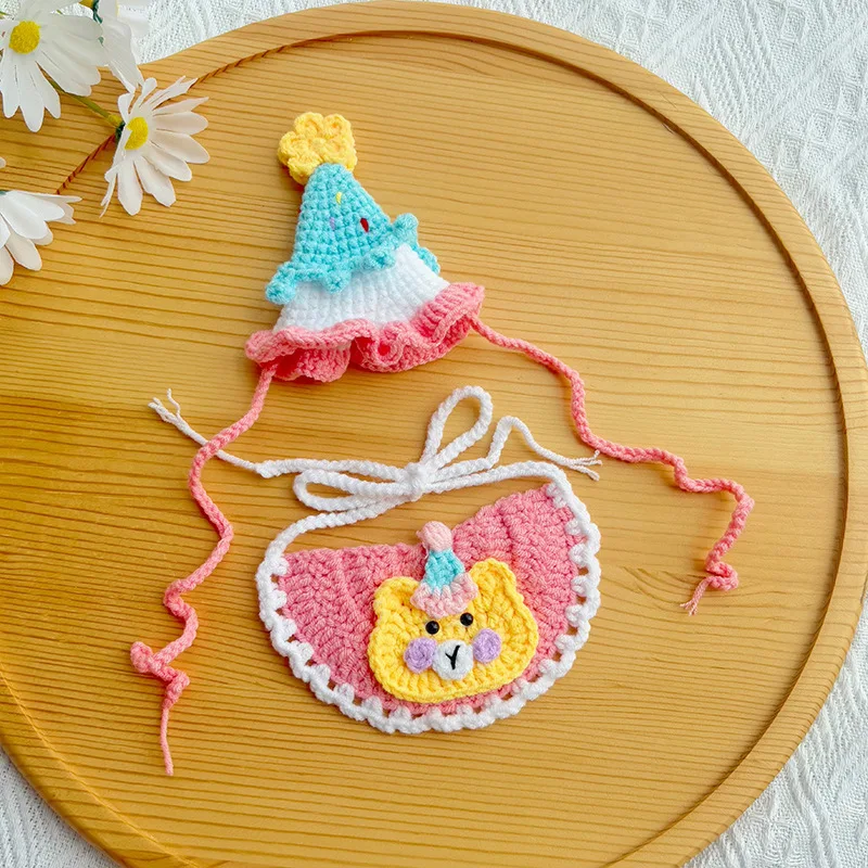 Traje de cumpleaños para mascotas, babero de cumpleaños para gatos tejido a mano, bonito gorro de lana de peluche, decoración para perros, accesorios para cachorros, accesorios para mascotas - imagen 5