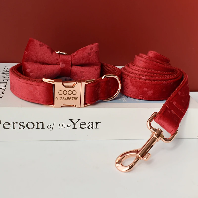 Collar con estampado en forma de corazón rojo, tela de terciopelo personalizada para el Día de San Valentín, suministros para perros, accesorios de oro rosa, franela 27