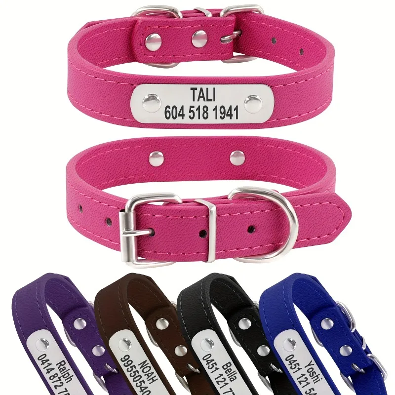 Collar de perro personalizado con nombre, etiqueta de identificación tallada, Collar de cuero PU sólido antipérdida para perros pequeños, medianos y grandes, suministros para cachorros y gatos