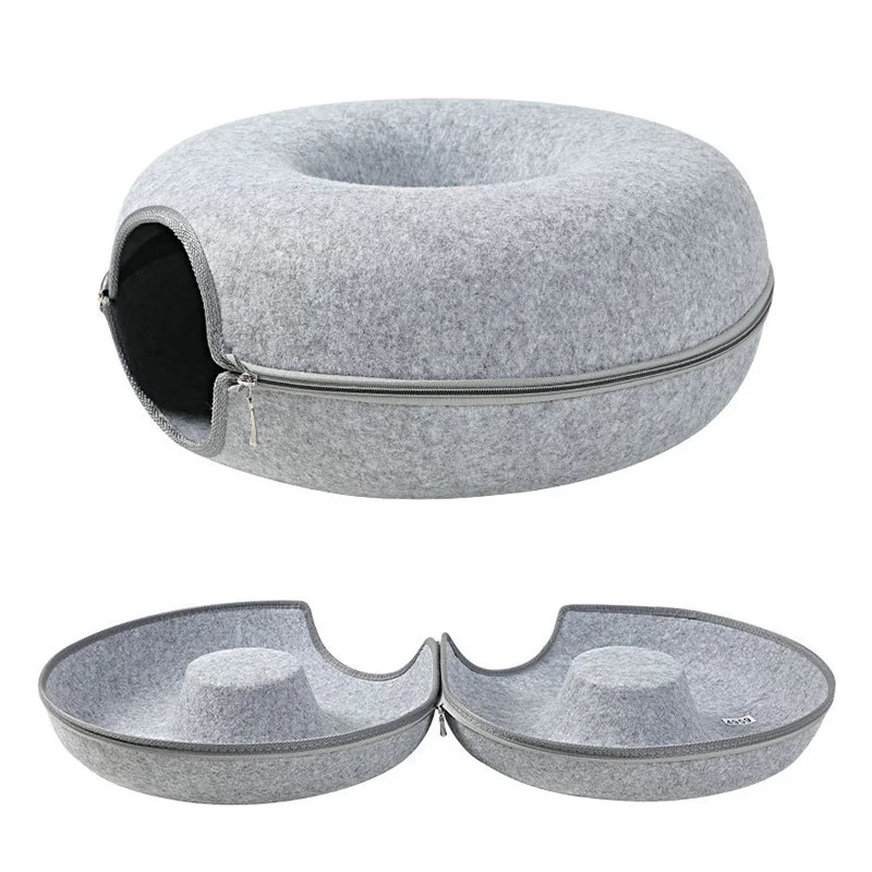 Cama de Donut para gatos, juguetes de túnel para gatos, cesta de casa para gatitos, juguetes interactivos para gatos, nido de cueva de conejo de fieltro Natural - imagen 5