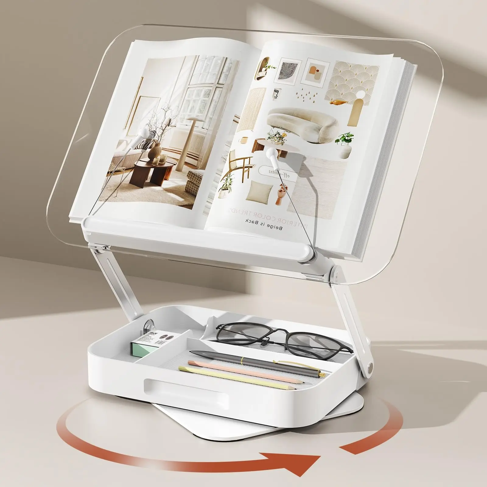 Soporte de acrílico para libros con almacenamiento, soporte ajustable para libros para leer con 360 °   Bases giratorias, soporte elevador de escritorio plegable