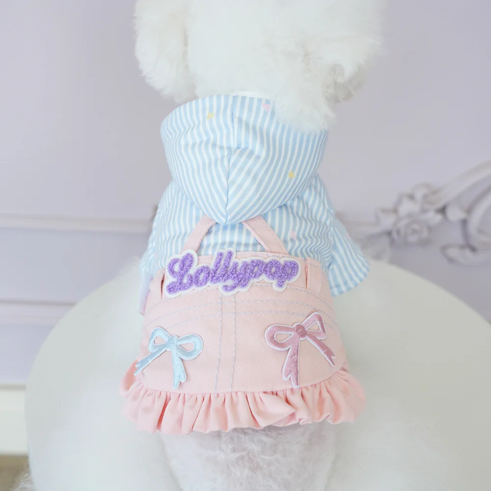 Abrigo a rayas para mascotas, falda vaquera con tirantes para el hombro, abrigo con capucha para otoño e invierno, ropa para perros, gatos y cachorros, ropa para perros pequeños - imagen 3