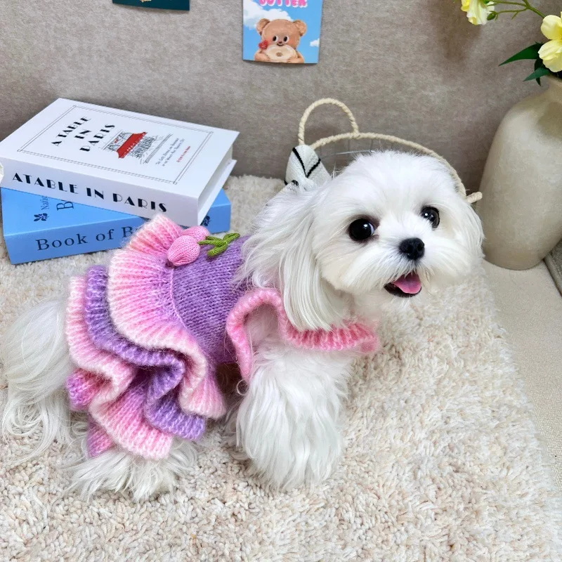 Vestido de punto para otoño/invierno para mascotas, suéter de flores, falda con tirantes degradados de peluche, ropa para cachorros, vestidos para perros pequeños - imagen 2